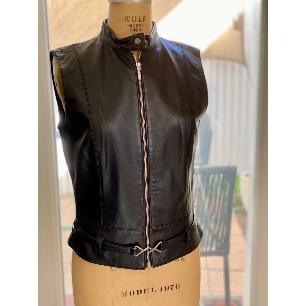 Cabi Black Leather Moto Vest Belted Zip Front Size S Fully Lined